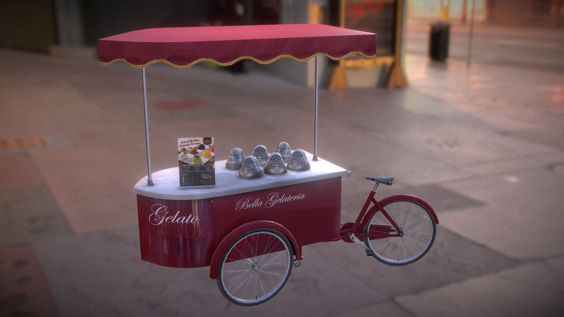 3D model Mobile ice cream bike tricycle Cargo Gelato - This is a 3D model of the Mobile ice cream bike tricycle Cargo Gelato. The 3D model is about a red bike with a cart full of eggs.
