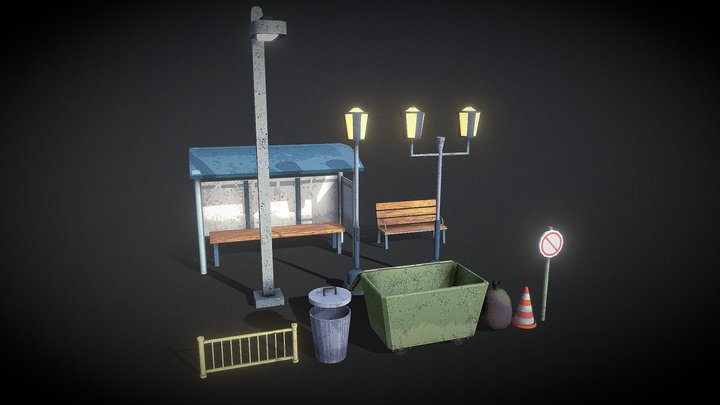 Pixalate Street Props Bundle 01 - Game Ready 3D Model