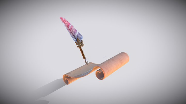 Magic scroll and pen with feather 3D Model