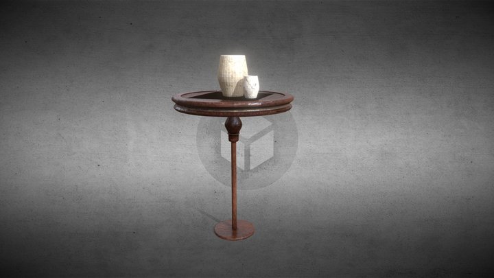 Wooden Side Table with Clay Vessels 3D Model