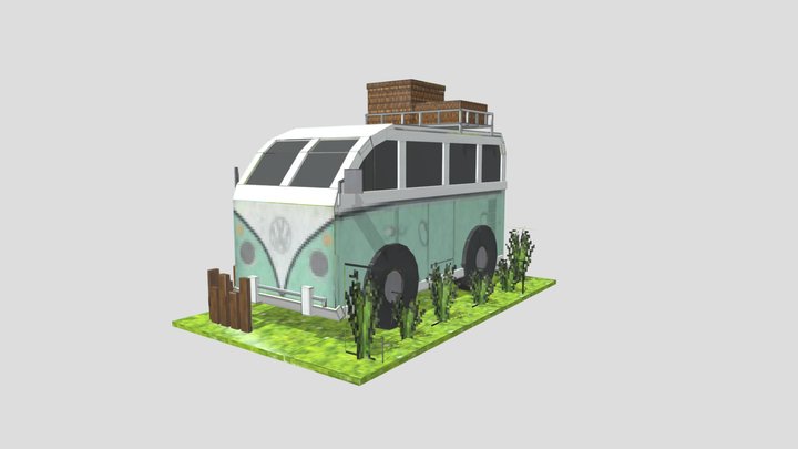 Vintage Blue Van with Grass 3D Model