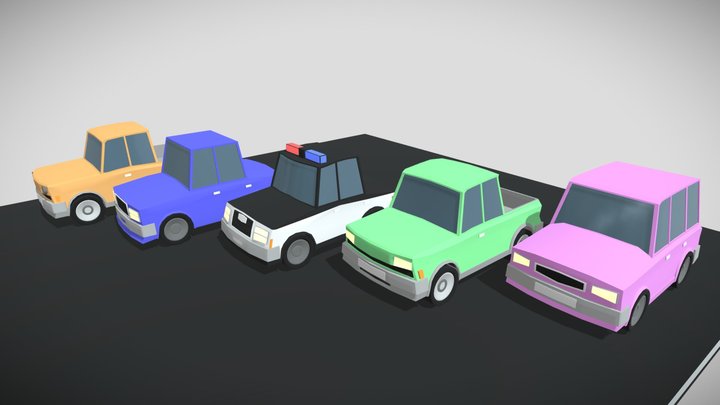 LowPoly Cars Pickup, Sedan, Police, StationWagon 3D Model