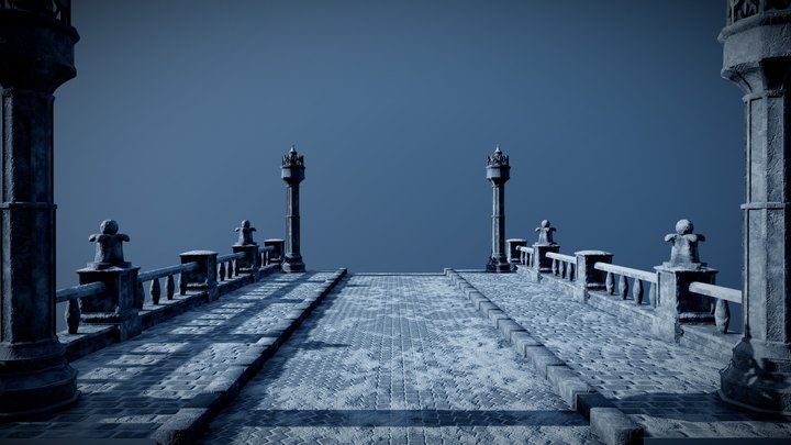 Snowy Road with Lamp Posts 3D Model