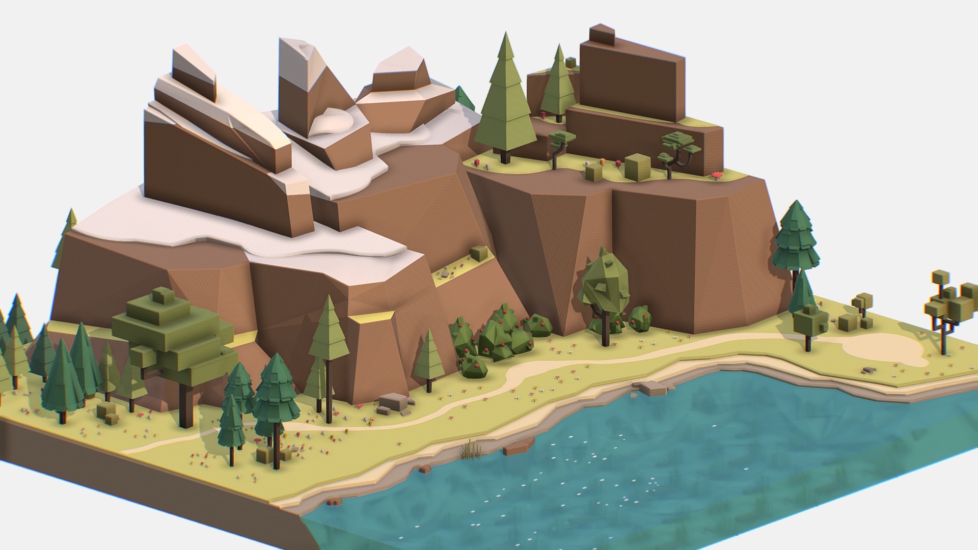 3D model Isometric style lake summer mountain landscape - This is a 3D model of the Isometric style lake summer mountain landscape. The 3D model is about a toy house on a table.