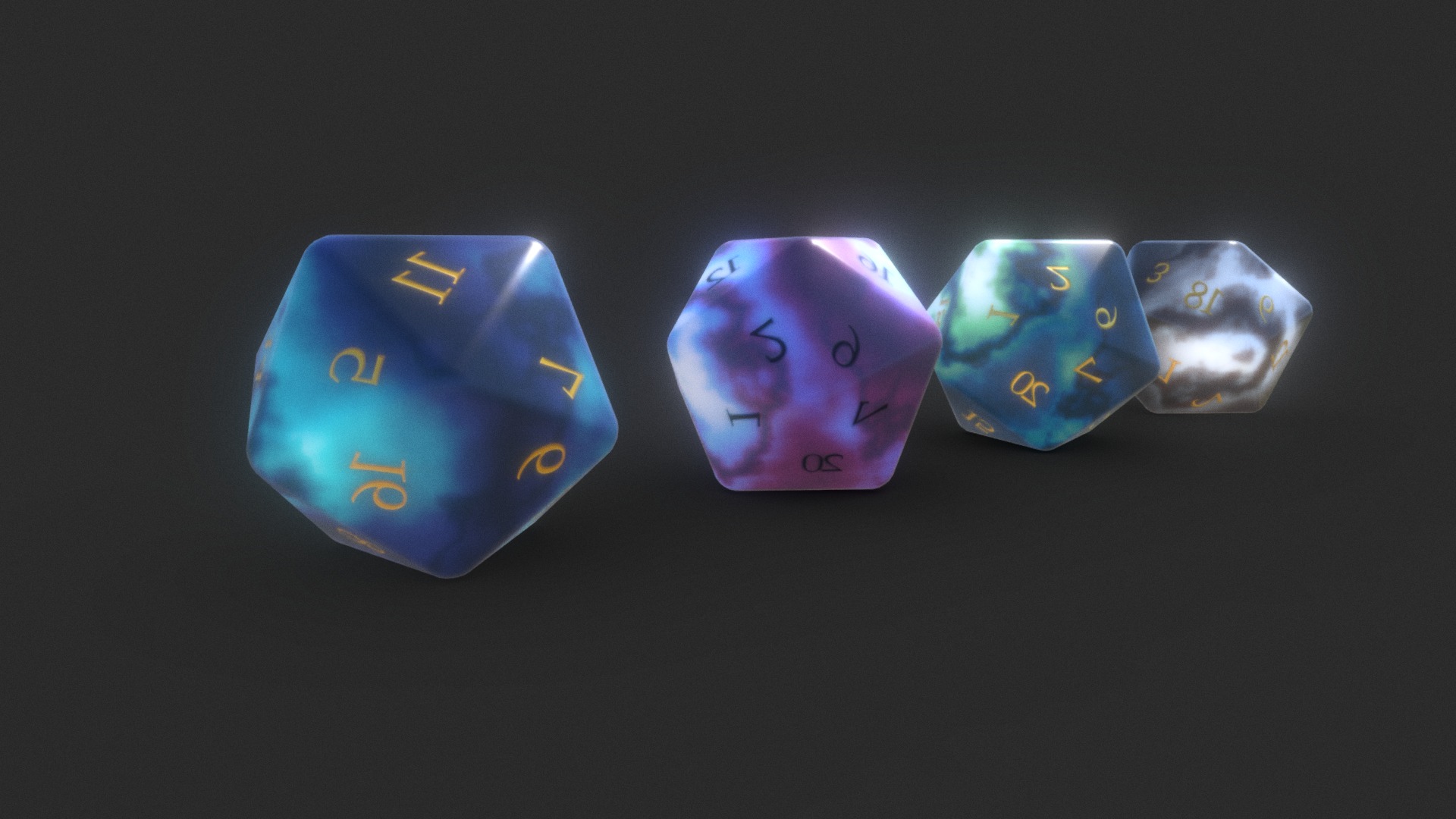 3D model Marbled D20 Dice Set - This is a 3D model of the Marbled D20 Dice Set. The 3D model is about a group of small blue and pink dice.
