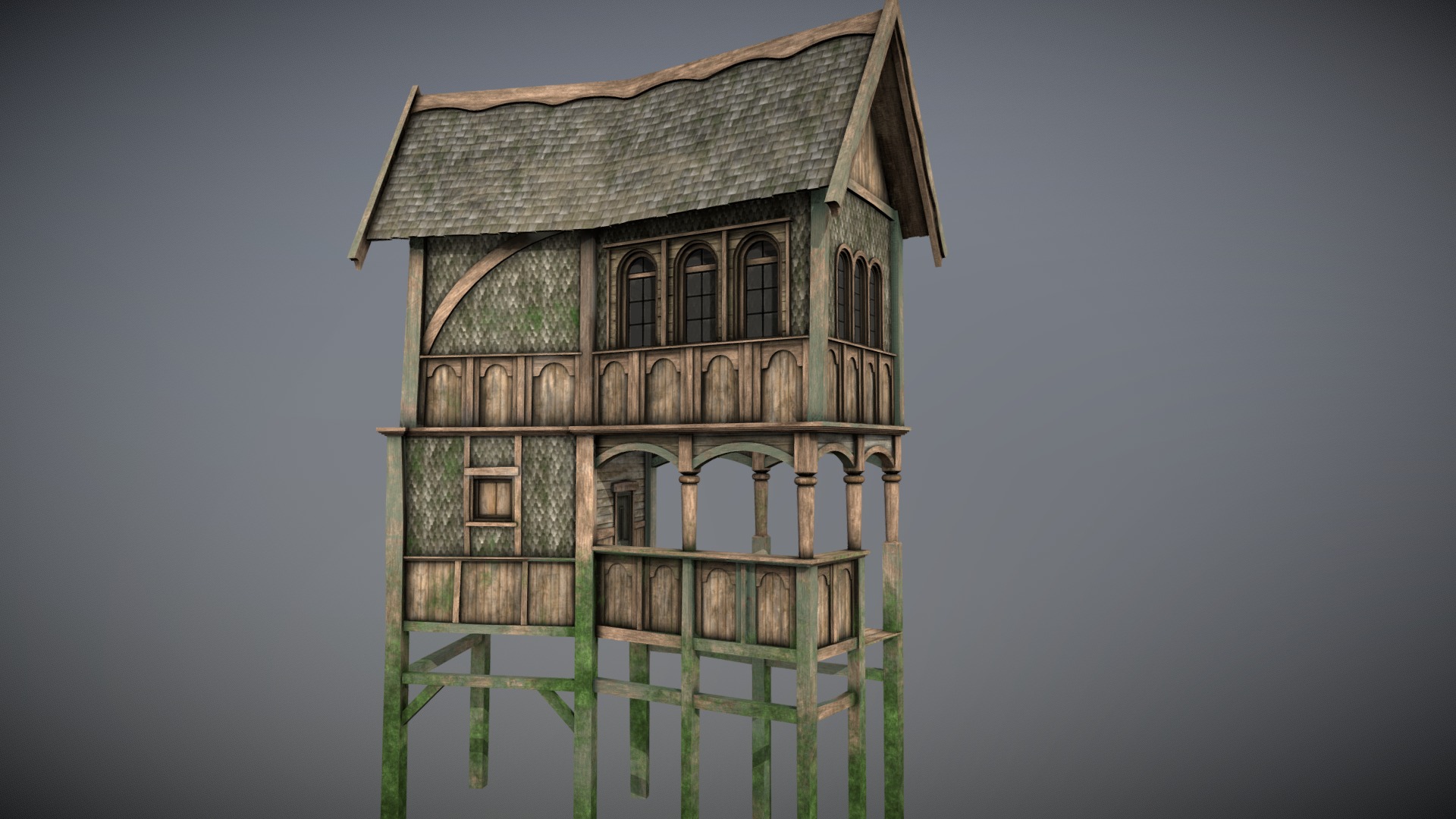 3D model Medieval Lake Village – House 10 with interiors - This is a 3D model of the Medieval Lake Village - House 10 with interiors. The 3D model is about a wooden house on a green stand.