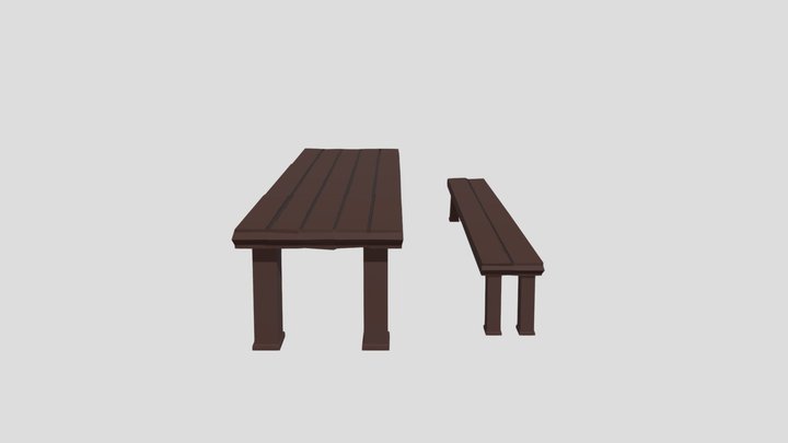 Wooden Table And Bench 3D Model