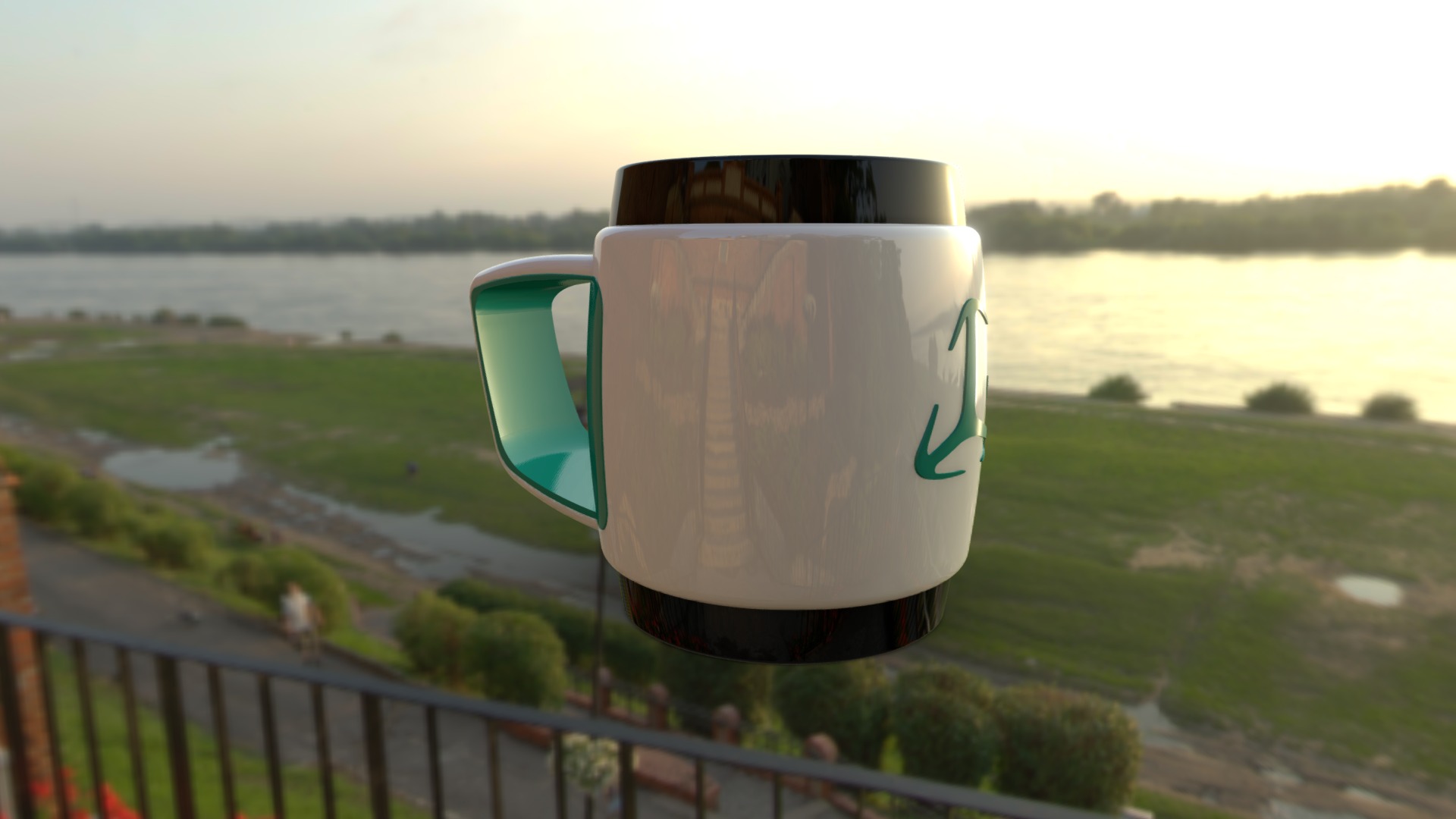 3D model #SSRChallenge Taza - This is a 3D model of the #SSRChallenge Taza. The 3D model is about a large white cup on a railing overlooking a field and a river.