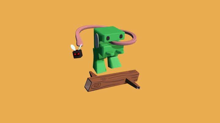 Blocky Frog over a Log 3D Model