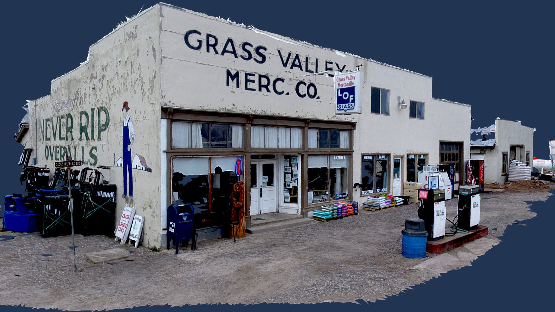 3D model Grass Valley Merchantile, Utah - This is a 3D model of the Grass Valley Merchantile, Utah. The 3D model is about a building with signs in front of it.