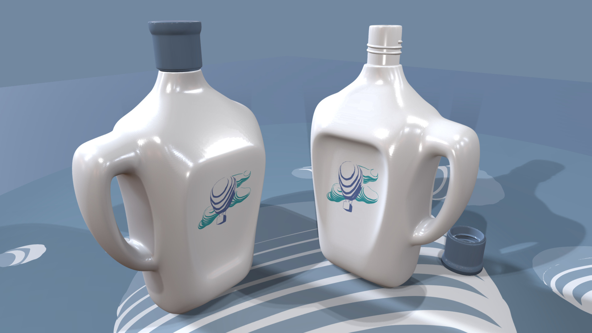 3D model BOTTLE on blue background - This is a 3D model of the BOTTLE on blue background. The 3D model is about a couple of white jugs.