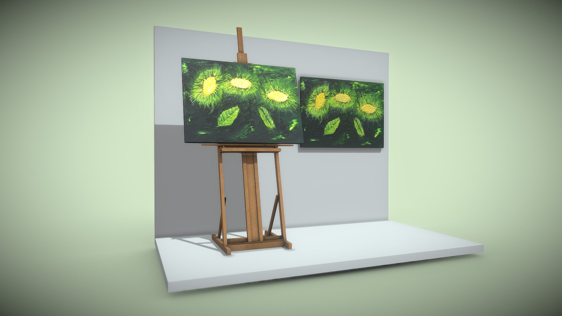 3D model Three Flowers – Oil Painting - This is a 3D model of the Three Flowers - Oil Painting. The 3D model is about a painting on a stand.