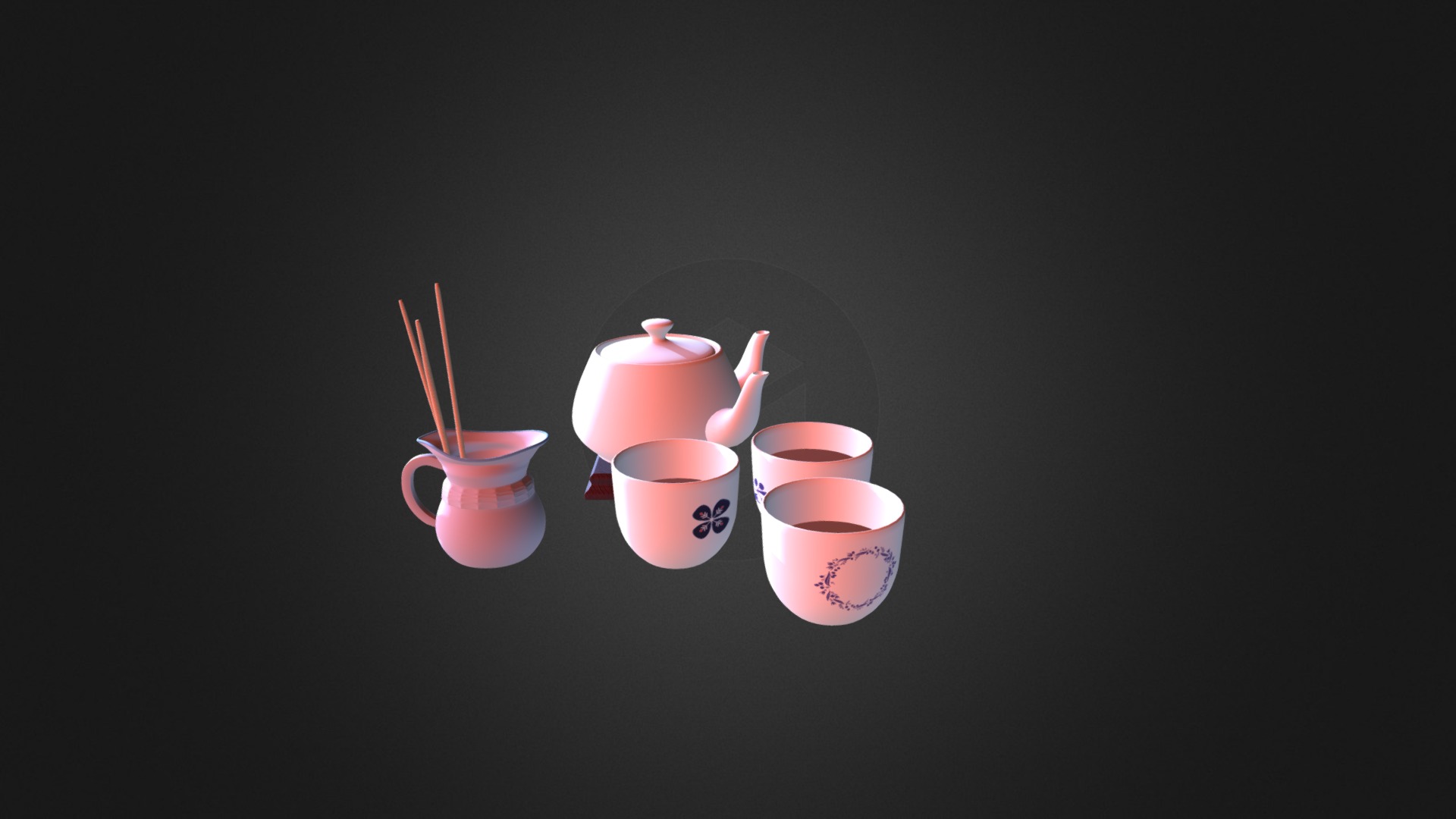 3D model Tea Set D Model - This is a 3D model of the Tea Set D Model. The 3D model is about a group of red and white cups.