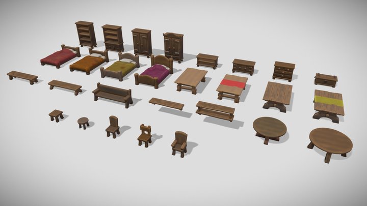 Stylized medieval wooden furniture 3D Model