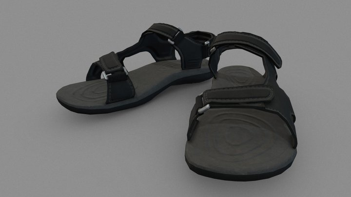 Classic black leather sandals with metal buckles 3D Model