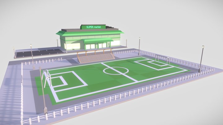 LowPoly Football field and a Supermarket 3D Model