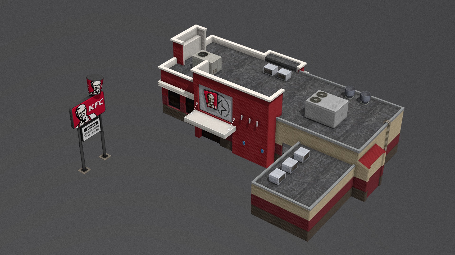 3D model KFC - This is a 3D model of the KFC. The 3D model is about a toy building with a red and white box on top.