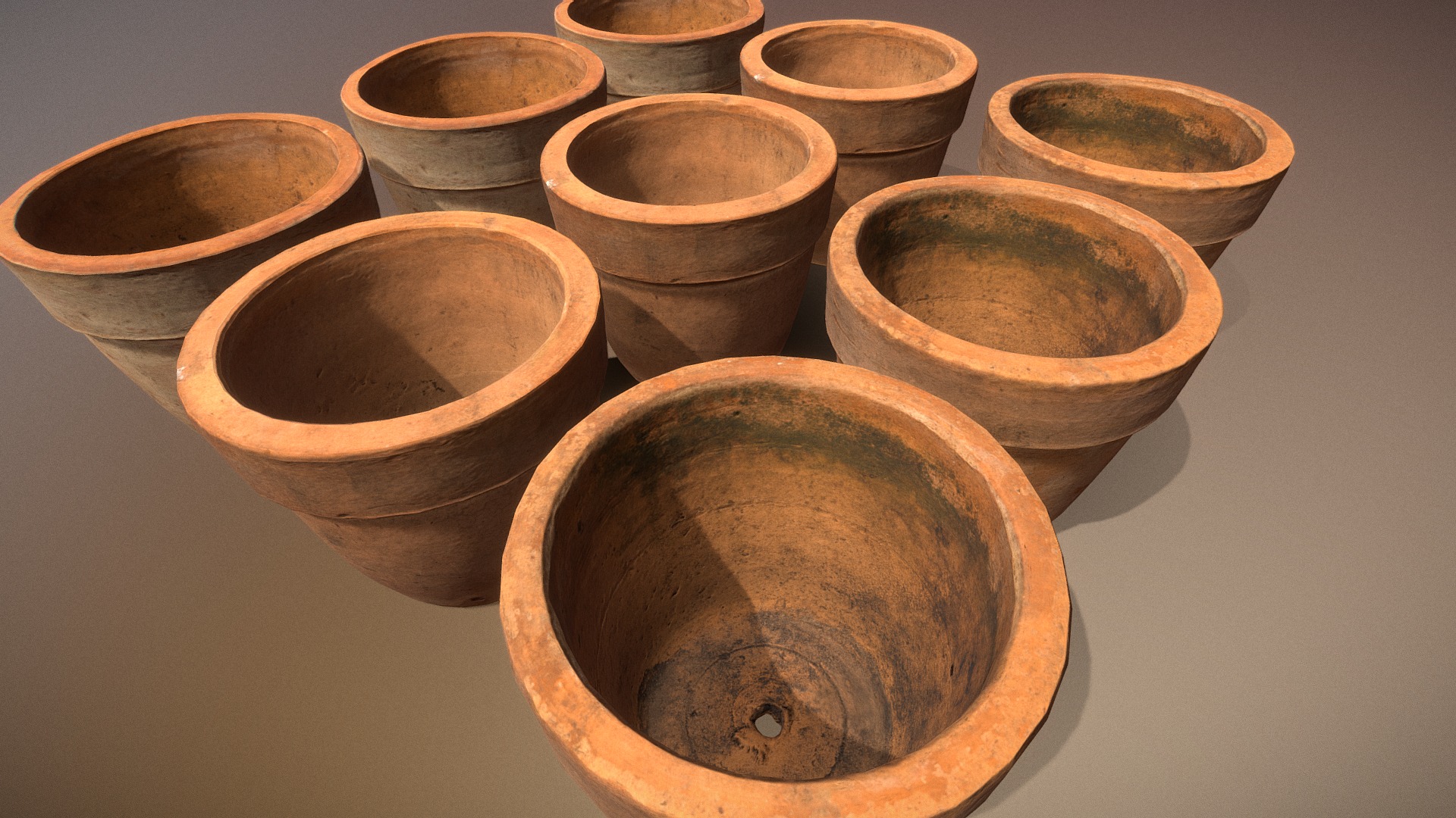 3D model Three Clay Pots - This is a 3D model of the Three Clay Pots. The 3D model is about a group of round wooden pots.