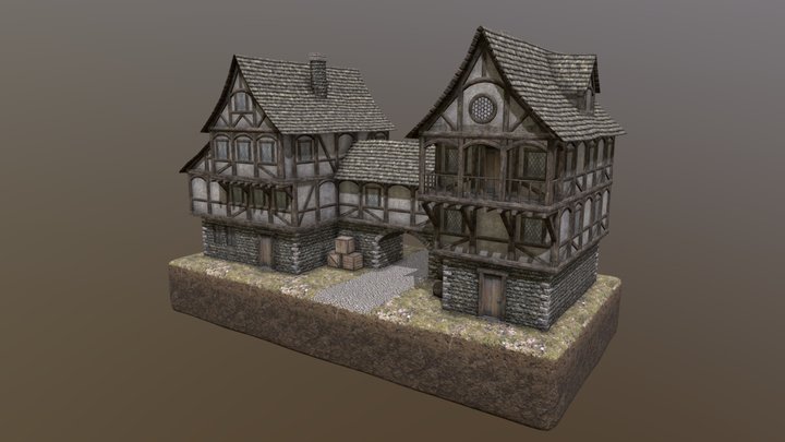 Medieval Houses and Skywalk 3D Model