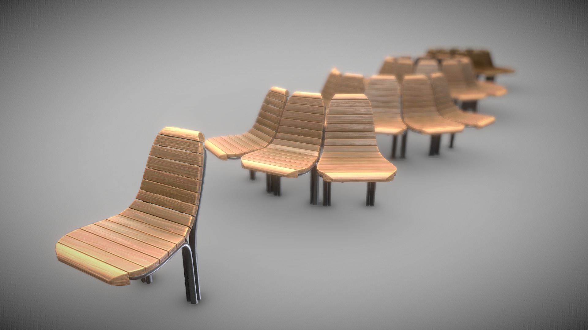3D model Round Bench [7] 4 parts Wood Metal Version 1 - This is a 3D model of the Round Bench [7] 4 parts Wood Metal Version 1. The 3D model is about a row of wooden chairs.