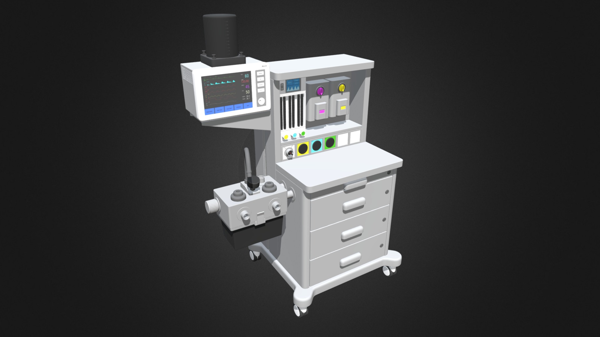 3D model Anesthesia Delivery System - This is a 3D model of the Anesthesia Delivery System. The 3D model is about a white robot with a black background.