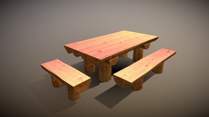 Wooden table and benches 3D Model
