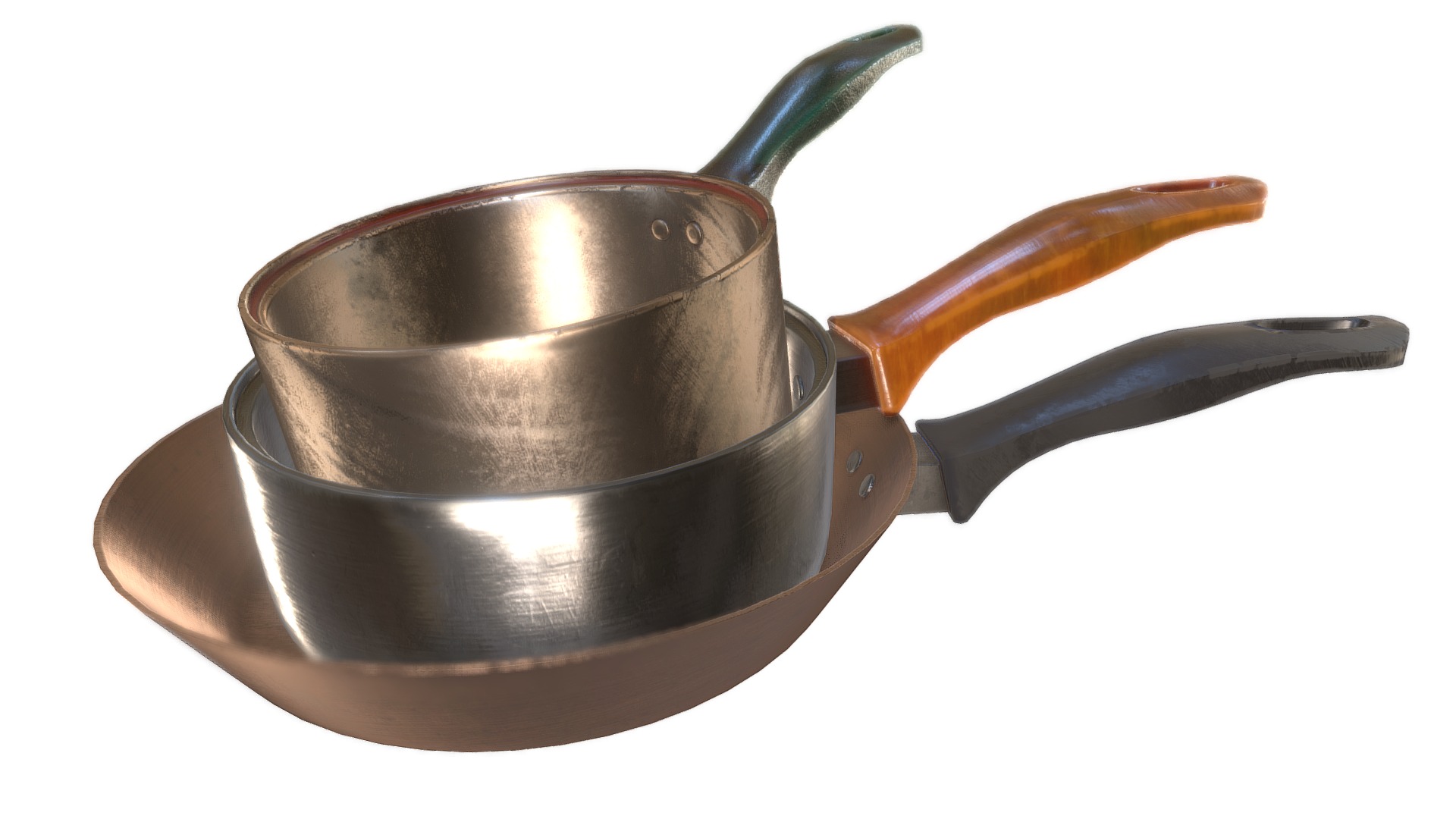 3D model Kitchen Pots - This is a 3D model of the Kitchen Pots. The 3D model is about a metal pot with a handle.