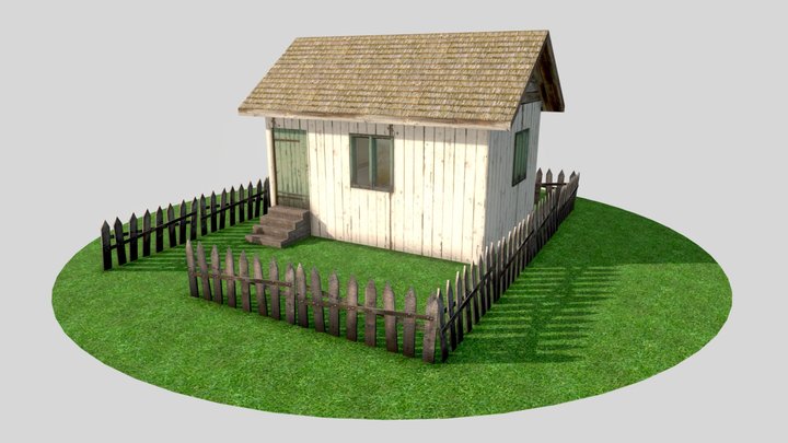 Free Wooden House cabin with fence low poly 3D Model