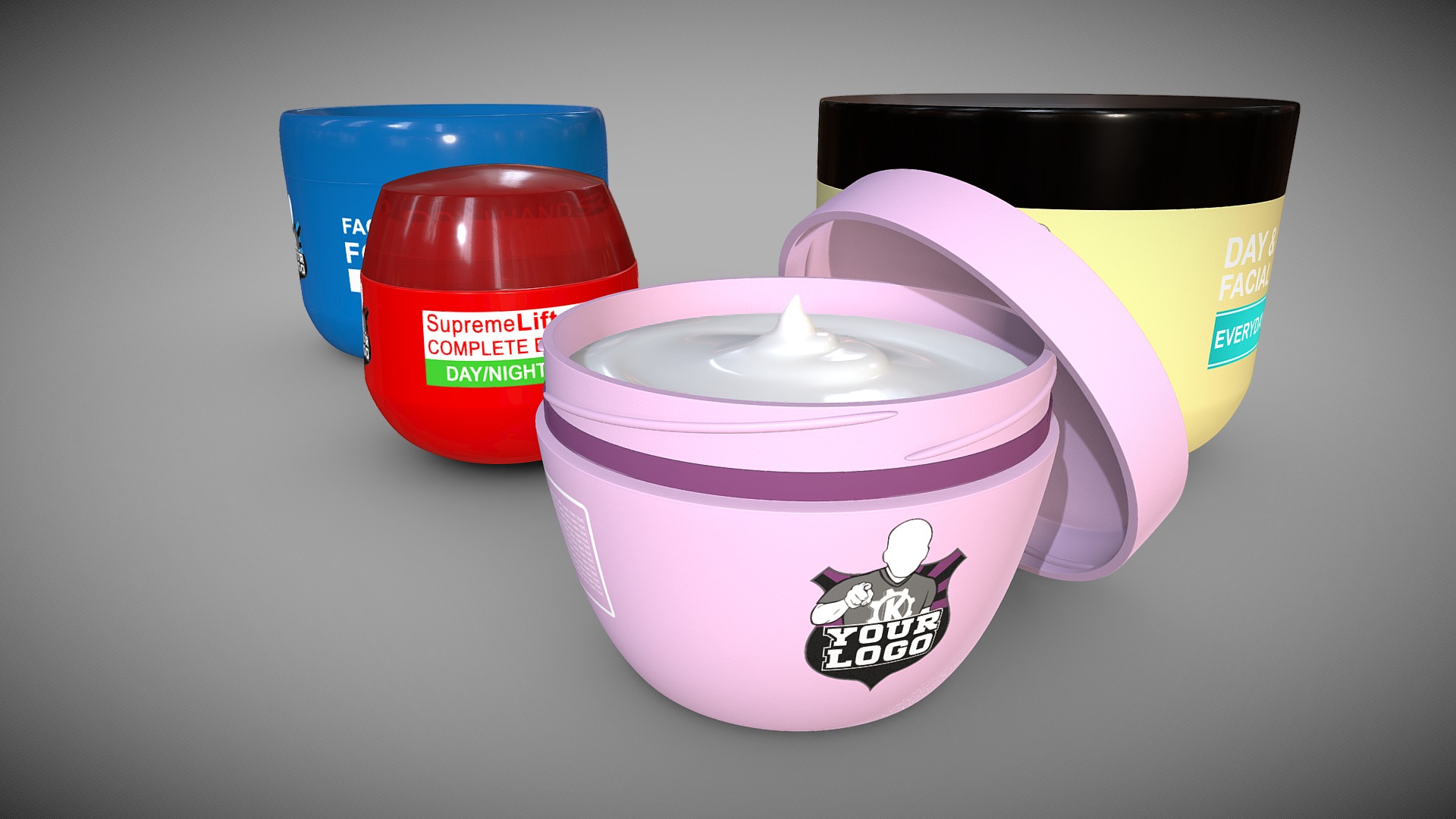 3D model Cosmetic Cream Tubs - This is a 3D model of the Cosmetic Cream Tubs. The 3D model is about a group of containers with lids.