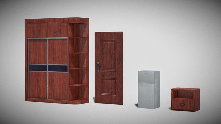 Wardrobe, Door, Nightstand, Refrigerator 3D Model