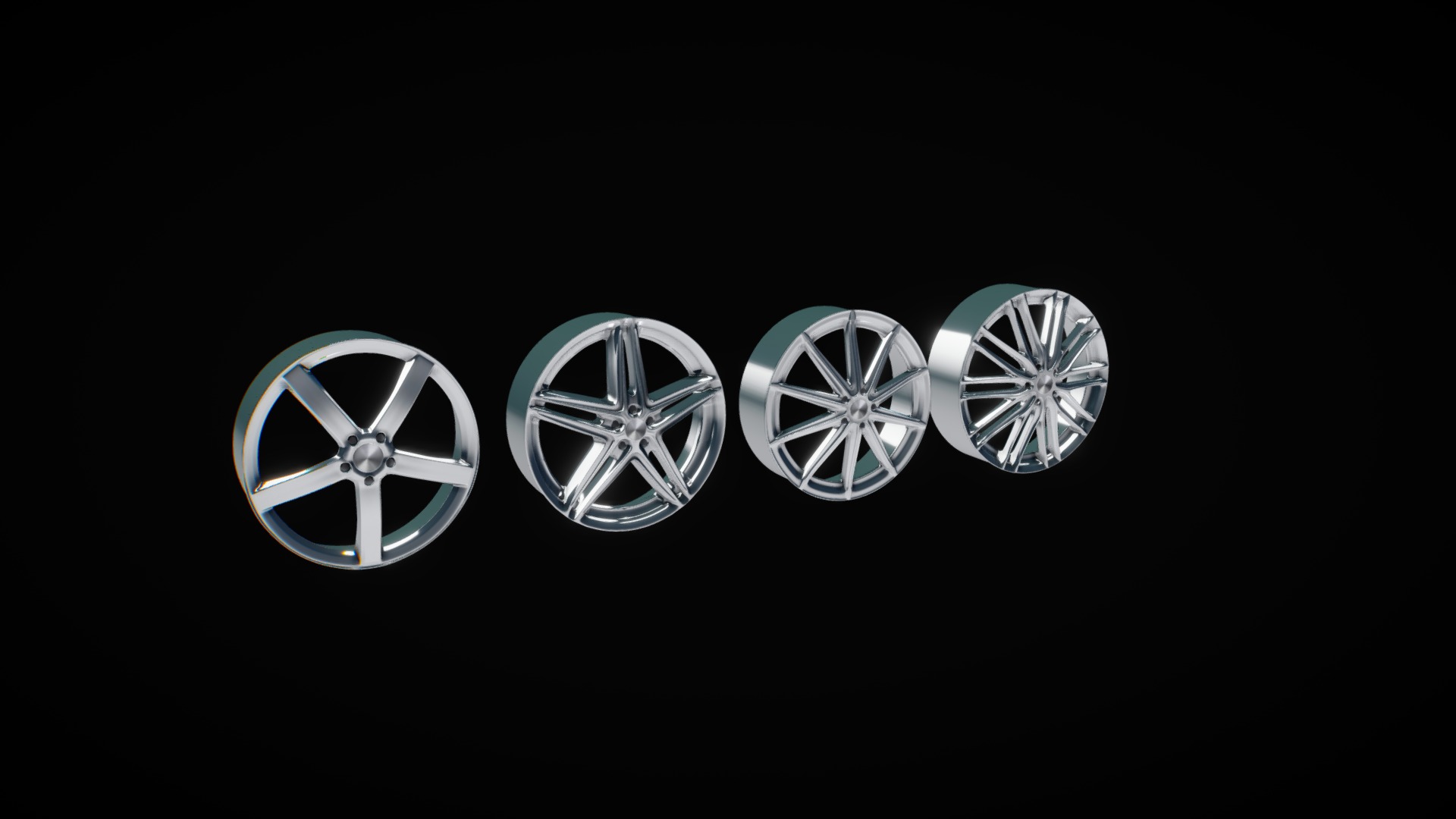 3D model Wheels - This is a 3D model of the Wheels. The 3D model is about a group of silver rims.