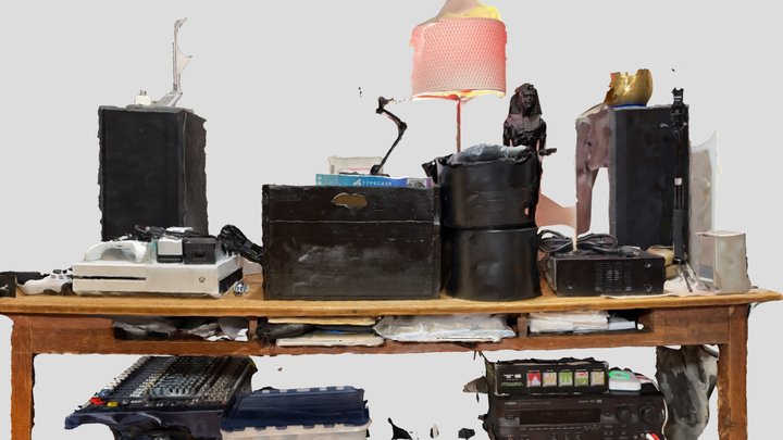 Desk with equipment on top and boxes underneath 3D Model