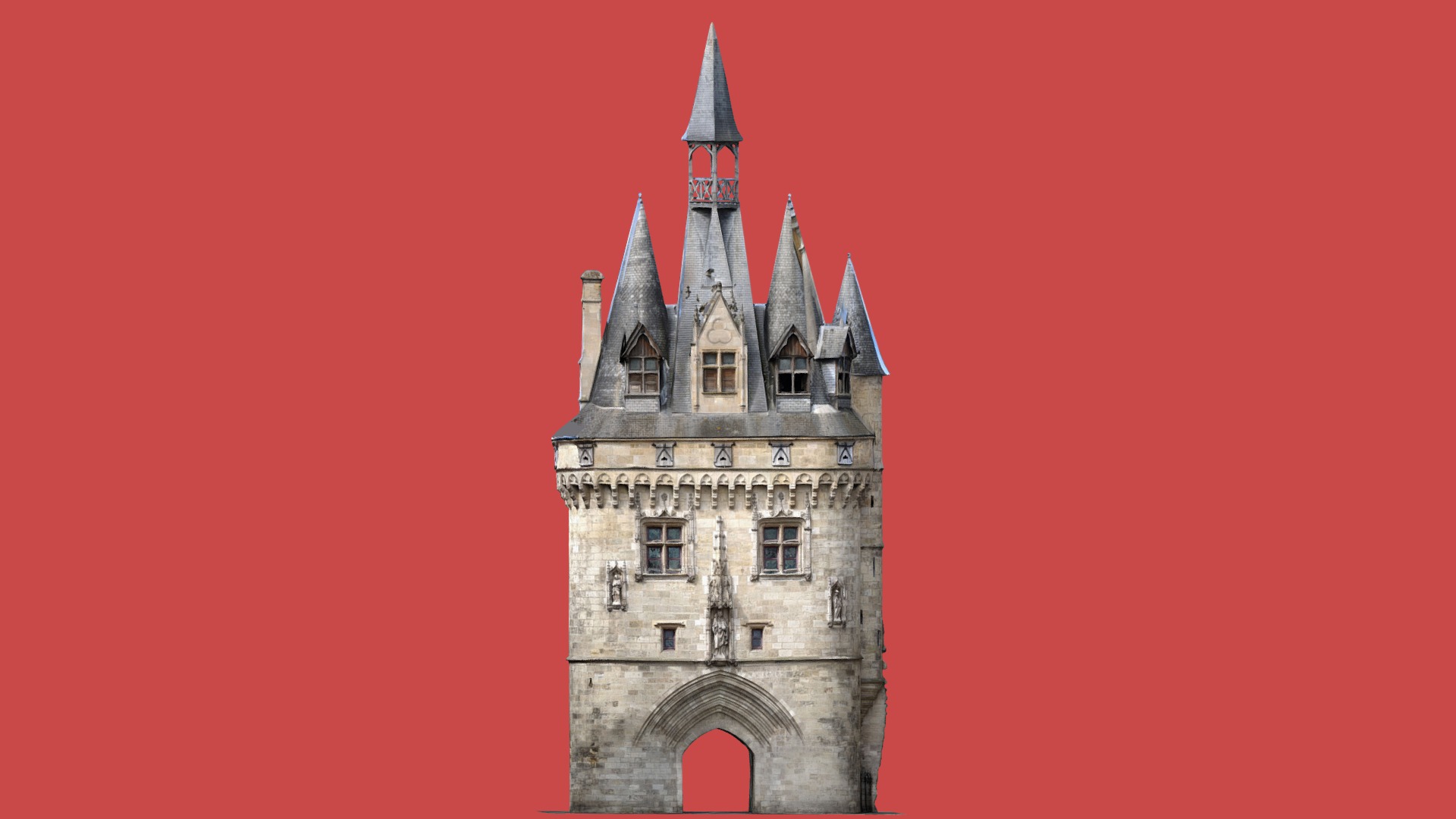 3D model Porte Cailhau Bordeaux - This is a 3D model of the Porte Cailhau Bordeaux. The 3D model is about a tall building with a pointed roof.