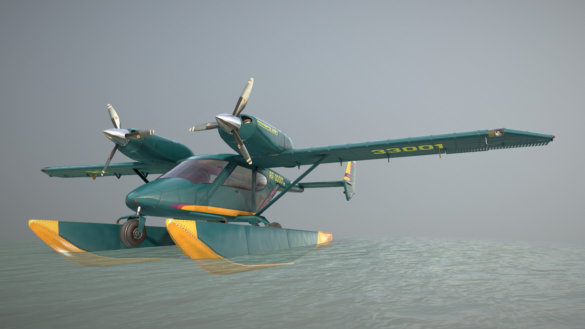 3D model Accord-201 Floatsplane GreenYellow Livery - This is a 3D model of the Accord-201 Floatsplane GreenYellow Livery. The 3D model is about a plane flying over water.