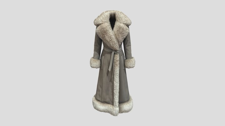 Long Grey Suede Elegant Winter Coat 3D Model