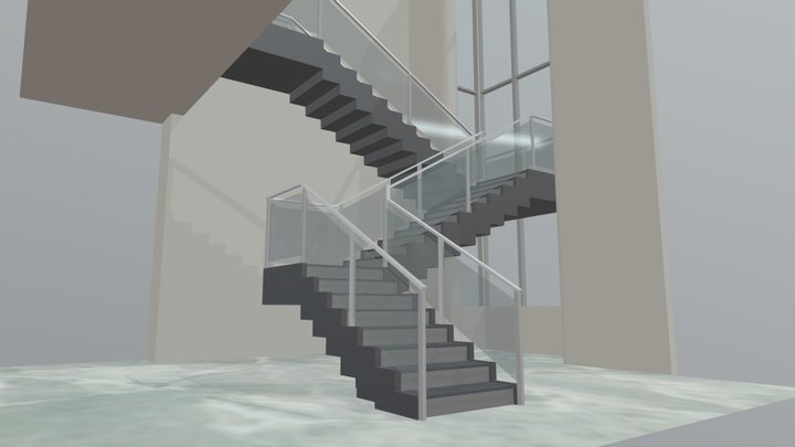 Straight Stair with Glass & Metal Newels 3D Model
