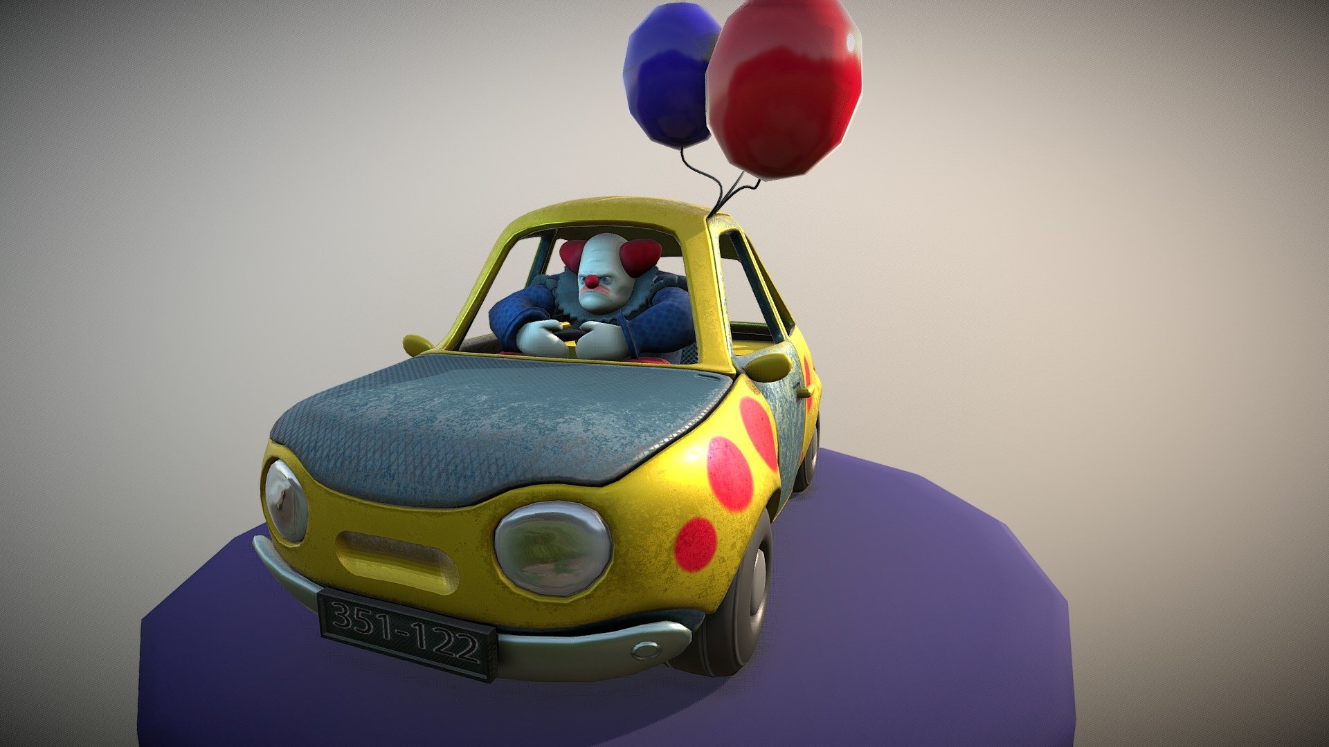 Clown car. Clowns in the car. 3d car Ballon.