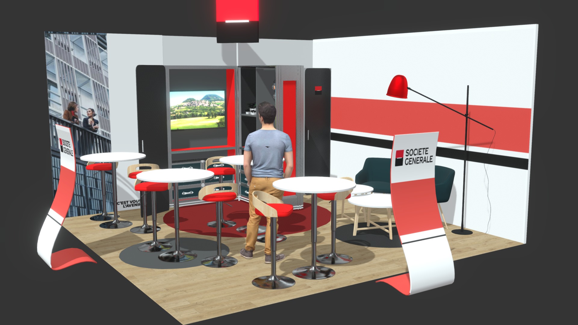 3D model Stand Société générale 25 m² - This is a 3D model of the Stand Société générale 25 m². The 3D model is about a person standing in a room with tables and chairs.