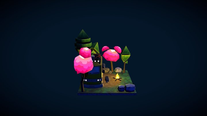 Camp Van at Night Forest Low Poly 3D Model