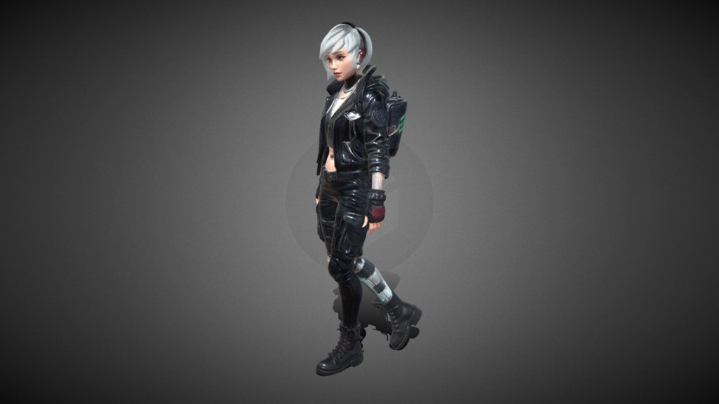cyberpunk drifter NPC, female, prosthetic leg,