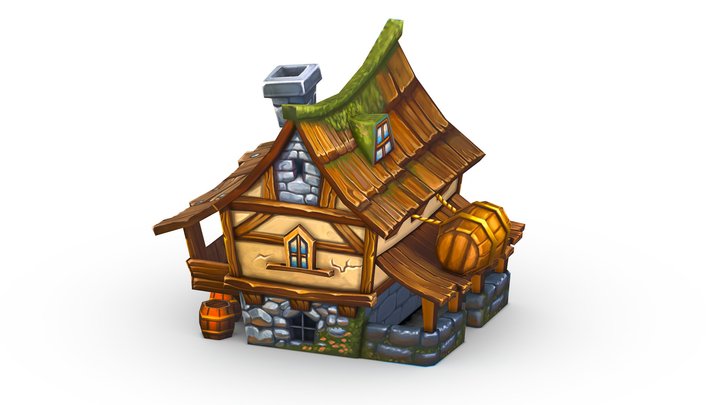 Cartoon Old Wooden Hotel Tovern House Building 3D Model