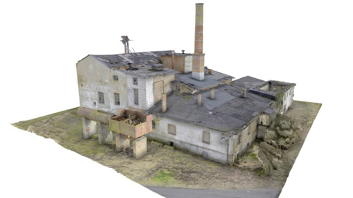 Facade of an abandoned factory with a chimney 3D Model
