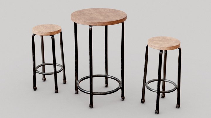 Cafe Table and Stools 3D Model