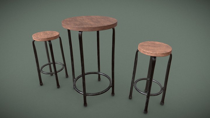 Coffee Shop Table and Stools 3D Model