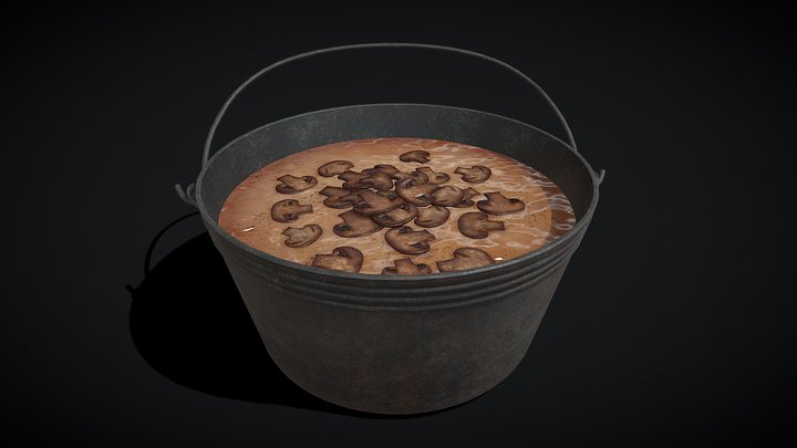 Mushroom Soup in Metal Bowl 3D Model