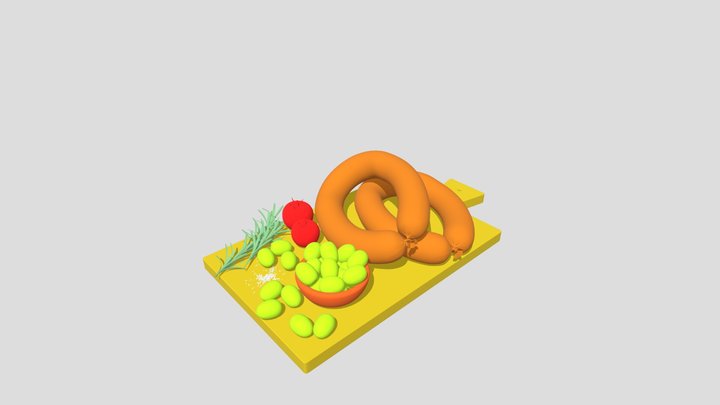 Krakov Sausages On Cutting Board With Vegetables 3D Model