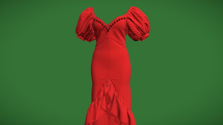 Red ruffled dress with rhinestones 3D Model