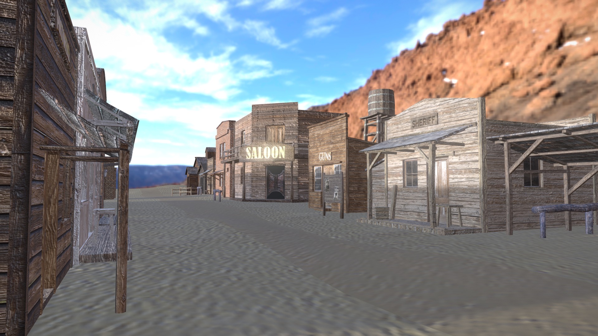 3D model Western town - This is a 3D model of the Western town. The 3D model is about a stone road with buildings on either side of it.