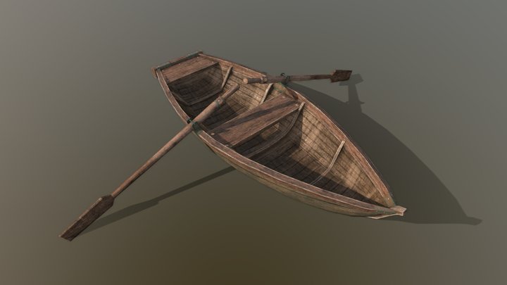 Wooden boat with oars 3D Model