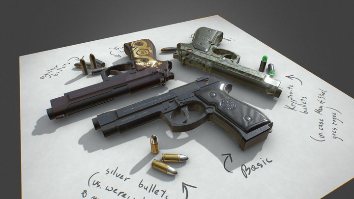 Beretta Handgun (three skins) 3D Model